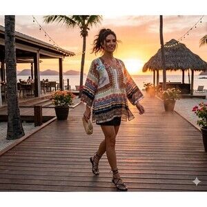 Love Kyla Tunic Top Womens XL Embroidered Boho Floral Blouse made in India